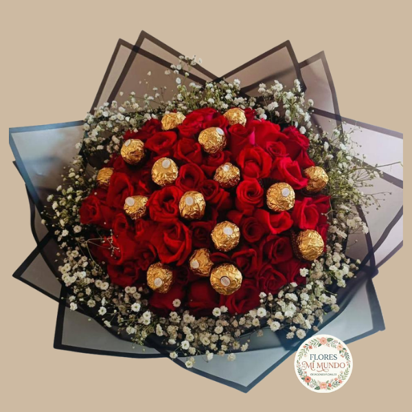 Rosas Rojas y Bombones en Ramo