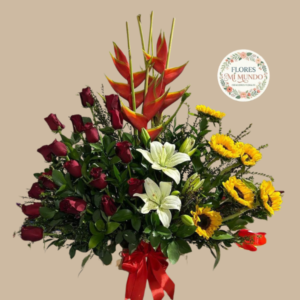 Arreglo Esclusivo con Rosas, Girasoles y Ave Paraiso