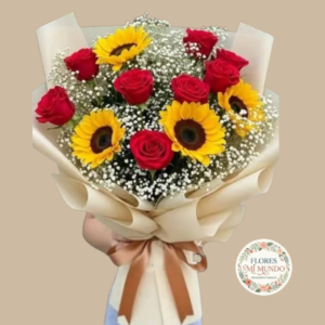 Rosas Rojas y Girasoles en Ramo