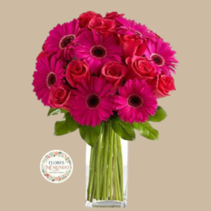 Florero con Rosas Rojas y Gerberas