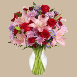 Florero con Rosas Rojas y Liliums Rosados