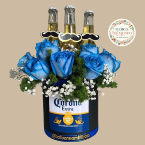 Box Con Rosas Azules y Cervezas Coronas