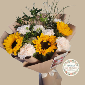 Girasoles y Claveles Blancos en Ramo