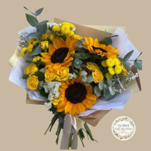 Girasoles con Mini Rosas Amarillas en Fino Ramo